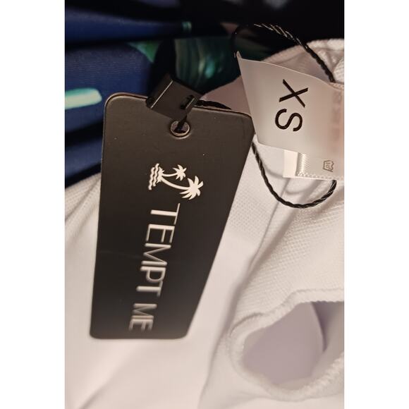 Tempt Me HighNeck Tankini Top with Green Leaf Design with Navy background XS NWT - Picture 5 of 7